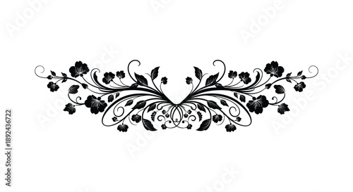 An elegant floral swirl design featuring dark blooms and swirling vines presented as a striking silhouette high quality