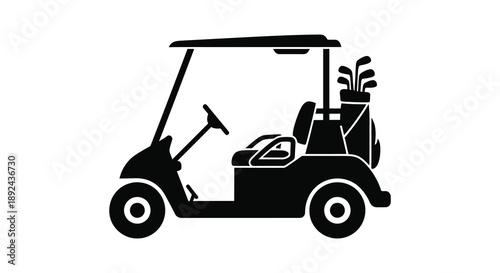 A stark black silhouette depicts a golf cart with clubs showcasing a simple and iconic design silhouette