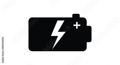 A stark black battery icon displays a full charge with a lightning bolt and plus sign silhouette