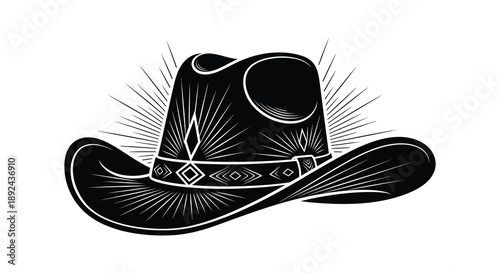 A detailed black and white illustration of a cowboy hat with sunburst rays showcasing a striking silhouette