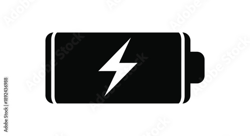 A stark black battery icon displays a prominent lightning bolt within its form a bold silhouette high quality