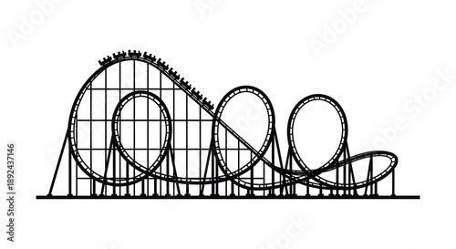A detailed black and white illustration depicts a complex roller coaster with riders presented as a striking silhouette high quality