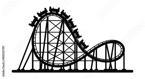 A detailed black and white illustration depicts a thrilling rollercoaster structure against a plain background silhouette high quality