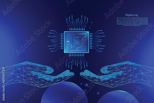 Digital technology concept with glowing microchip in hands