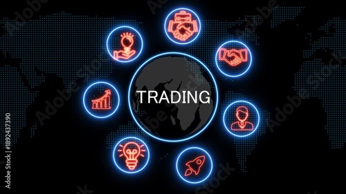 shows glowing neon line banner of trading concept with icons of business, responsibility, customers, integrity, goals, teamwork, commitment and innovation .4k