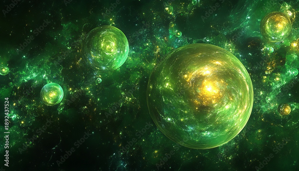 Fototapeta premium Celestial Spheres of Emerald Radiance Surrounded by Cosmic Blooms in a Gradient of Green Hues