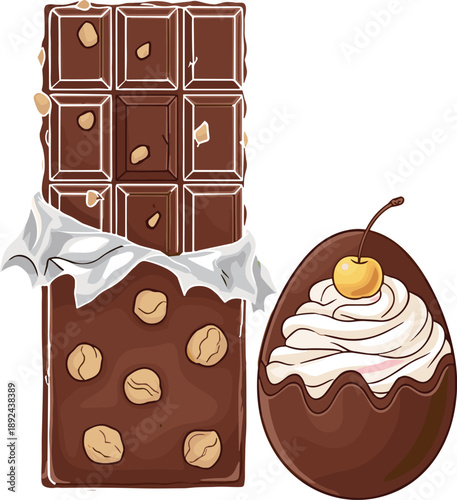 chocolate bar, nut topping, dessert vector, sweet treat, chocolate egg, frosting swirl, realistic candy, flavector