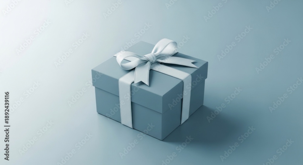 Fototapeta premium Blue gift box tied with a white ribbon, top-down angle, on a soft blue backdrop
