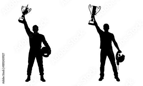Motorsport champion victory silhouette – racing driver with trophy and helmet vector