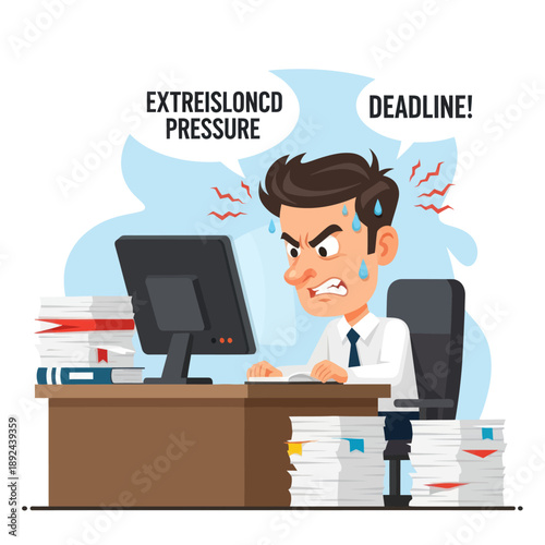 Stressed Man Working on Computer at Desk.