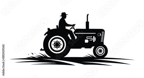 A striking black silhouette depicts a farmer driving a vintage tractor through a grassy field silhouette high quality