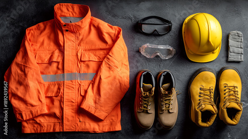 A collection of personal protective equipment for industrial workers on a dark grey background