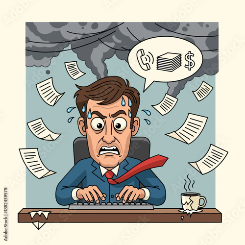 Stressed Man Overwhelmed with Paperwork.