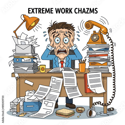 Stressed Man Overwhelmed at Cluttered Desk.