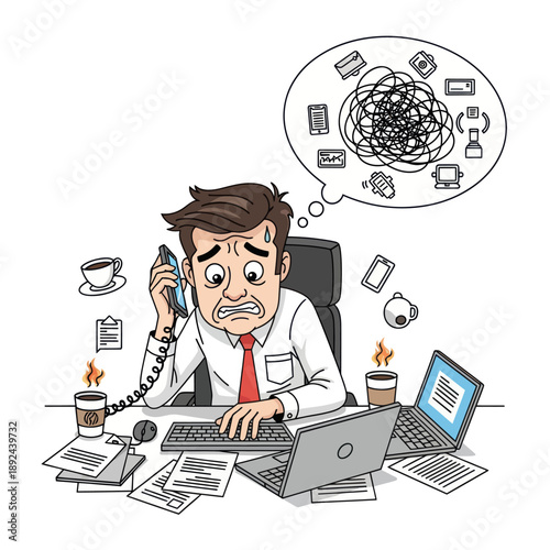 Overwhelmed Office Worker on Phone Call.