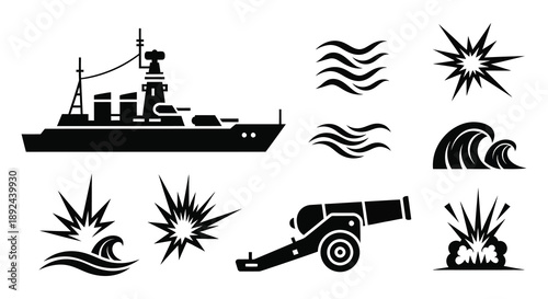 A graphic collection depicts a naval battleship waves cannon and explosions in stark black silhouette high quality professional