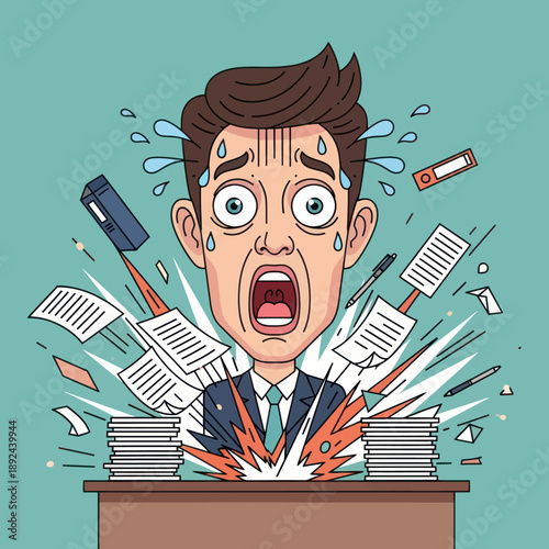 Overwhelmed Office Worker with Papers Exploding.