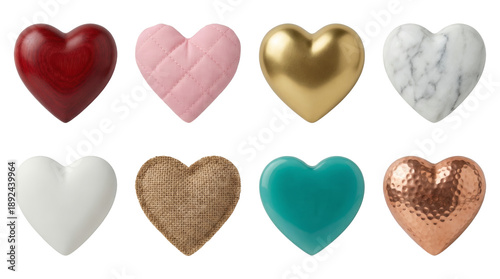 Heart shape set including wood, quilted, gold, marble, plaster, burlap, teal, and hammered copper styles isolated. Romantic collection for valentine and wedding design.