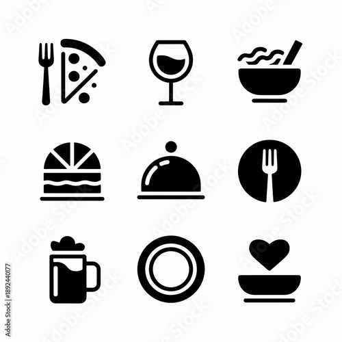 Feast Icons: An arrangement of icons presents a delicious array of culinary delights, from pizza to pasta, and other food icons. A culinary delight feast with assorted food and drink representations