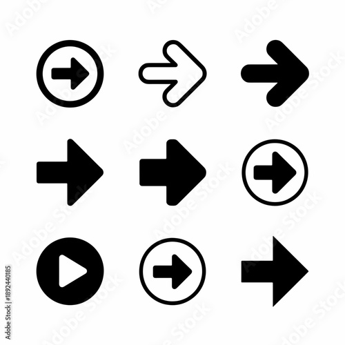 Navigational Icons: A collection of various right-pointing arrow icons in diverse styles and formats, designed for digital interfaces and directional guidance.