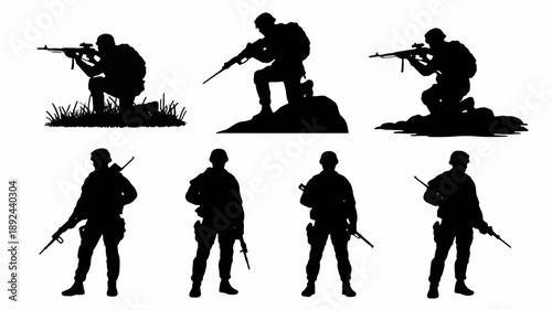 Shadow Soldiers: A collection of silhouette figures of soldiers in various action poses, capturing the intensity and dedication of military life.