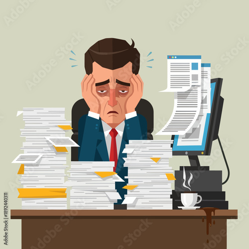 Stressed Man Overwhelmed with Paperwork Office Work.