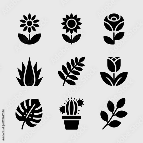 Floral Illustration Set: An elegant compilation of diverse floral icons and leaves, creating a harmonious and aesthetically pleasing visual experience.