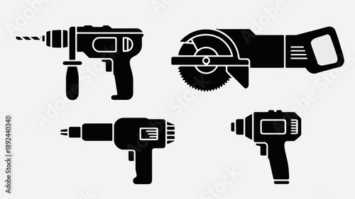 Diverse Tool Set: A graphic showcases a collection of essential tools for any construction, DIY, or repair project, focusing on a drill, saw and others. 