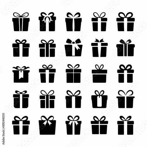 Gift Icons: A curated collection of gift box icons with elegant bows, perfect for conveying the joy of giving, suitable for various design projects and festive themes.