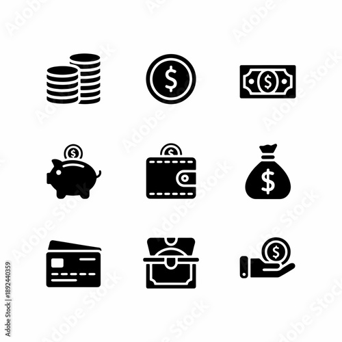 Money Icons: A comprehensive set of illustrative money icons, showcasing various financial symbols and representations, suitable for business and finance-related visual communication.