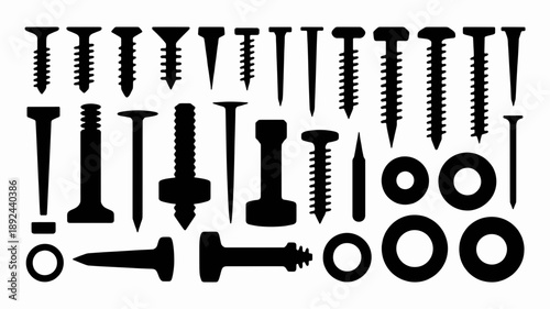 Assortment of Screws and Fasteners: An organized array of screws, nails, and washers, illustrating essential hardware components for construction and assembly.