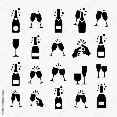 Champagne Icon Collection: A collection of celebratory icons, featuring various presentations of sparkling wine bottles and glasses, perfect for conveying messages of celebration.