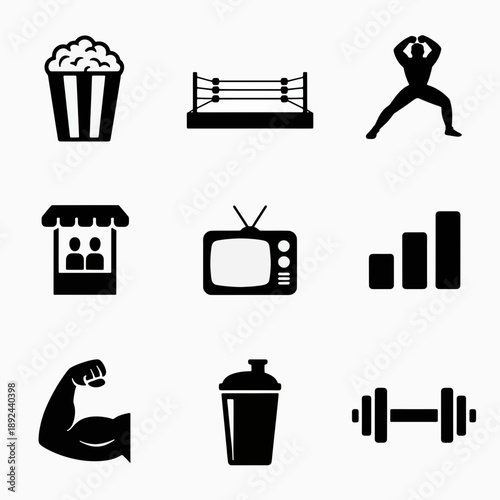 Iconic Illustrations of Fitness and Entertainment: A collection of captivating icons representing a variety of elements related to health, amusement, and entertainment.