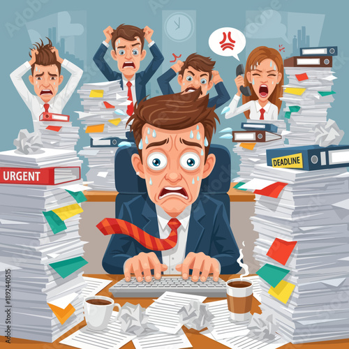 Overwhelmed Office Worker with Piles of Paperwork.