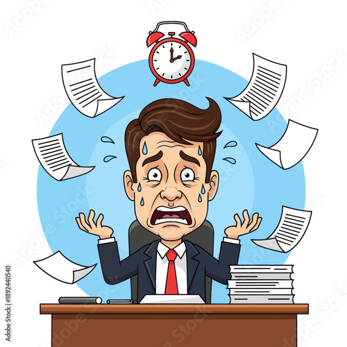 Stressed businessman overwhelmed at his desk.