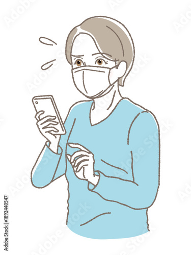 マスクを着用しスマートフォンを見て困る女性、風邪、体調不良、アレルギー、ヘルスケア、ベクター (Woman wearing a mask looking at a smartphone with a worried face, cold, feeling unwell, allergy, healthcare, vector)