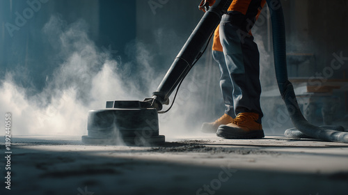 A person wearing protective gear uses an industrial vacuum cleaner on a dusty floor in a dark room