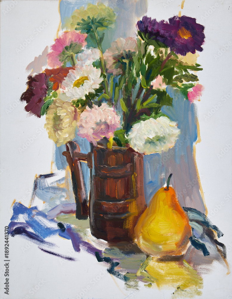 Fototapeta premium Autumn still life with asters bouquet in a mug. 