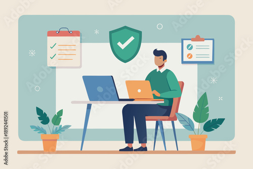 A teacher creating a safe digital classroom policy to establish rules for online behavior and cybersecurity, vector graphic.