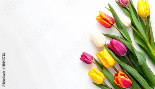 Vibrant tulips in red, yellow, and white with green leaves on a white background, perfect for spring and floral-themed projects.