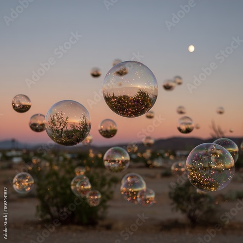 Transparent floating spheres each containing landscape.