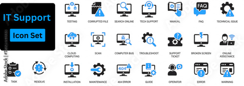 IT Support icon set. IT support and troubleshooting icons including tech support, operator, scan, maintenance, warning, troubleshooting, cloud computing, computer repair. solid icon set