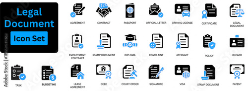 Legal Document icon set contains adjudication, signatures, justice symbols, verification, approval and official documentation processes. Solid vector icon