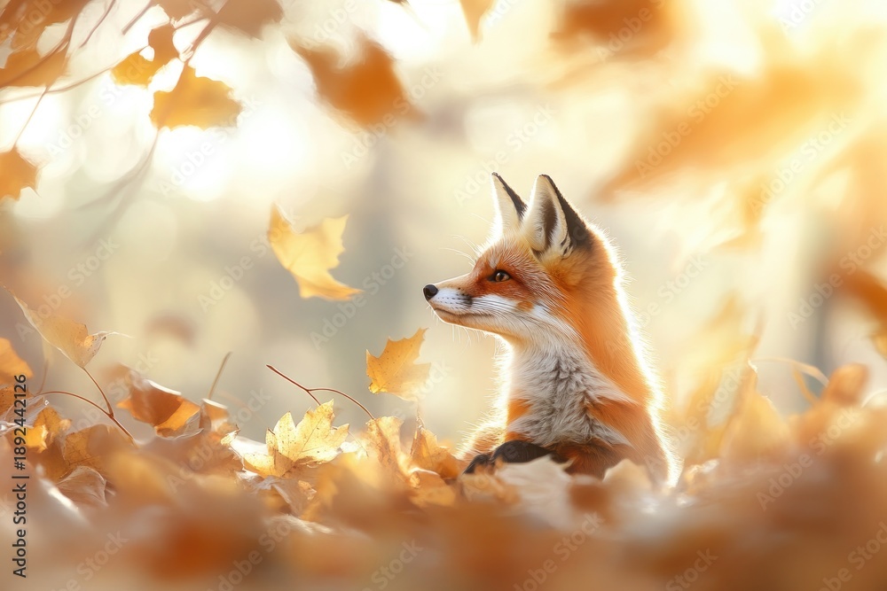 Obraz premium Adorable fox cub in autumn leaves with sunlit bokeh background