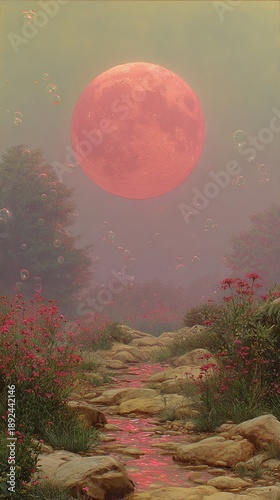 Surreal landscape with red moon, pink bubbles, and stream.