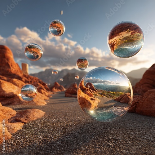 Spheres with landscapes float in arid desert.