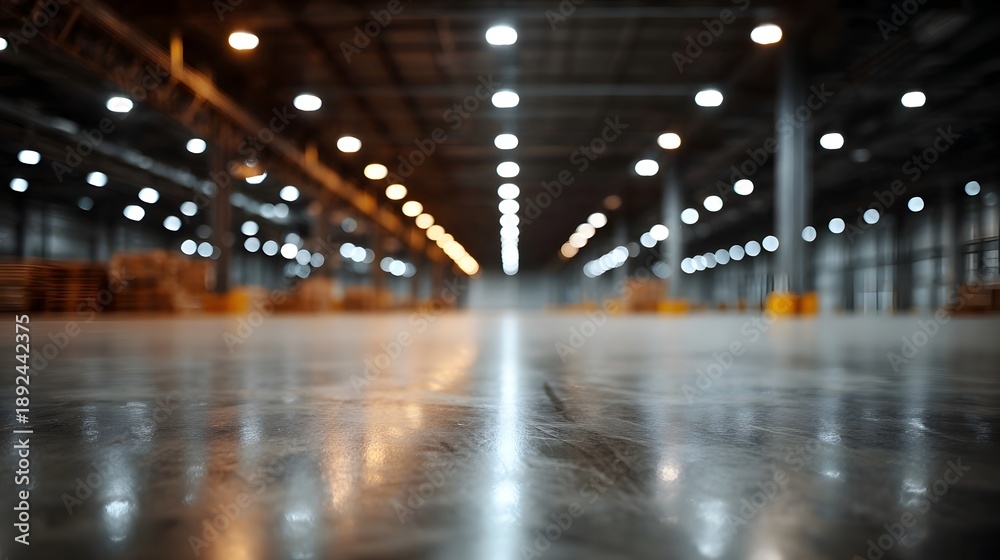 Naklejka premium Industrial warehouse interior with a polished concrete floor reflecting bright overhead lights