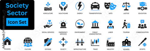  Society Sector icon set. Sector of society icon set. Containing agriculture, education, healthcare, energy, technology, transportation, home, healthcare and more. Solid vector icons collection.
