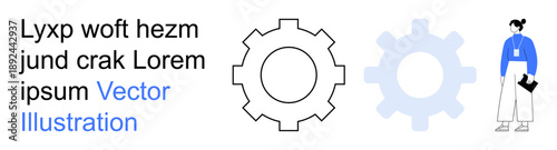 Industry, teamwork, mechanics, corporate structure, strategy, professional tools. Two gear cogs and a businessperson holding a clipboard. Industry and teamwork concept