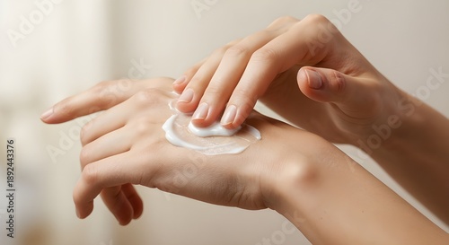 Close-up of hands applying moisturizing cream to healthy skin for skincare routine, hydration treatment, and personal hygiene concept